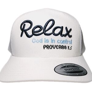Relax God's In Control Proverbs 3:5 Mesh Snapback Embroidered Puff Curved Bill